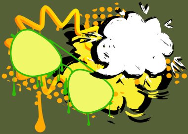 Konuşma balonlu güneş gözlüğü grafitisi. Soyut modern Messaging tabela sokak sanat dekorasyonu, kentsel boyama tarzında gerçekleştirildi.