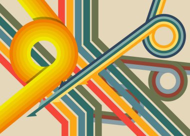 Geçmişe dönük 70 'lerin işlek hatları. Harika 1970 'lerin soyut sanat şablonu. Minimalist çizgili tasarım posteri. Eski moda gökkuşağı renkli sanat eserleri.