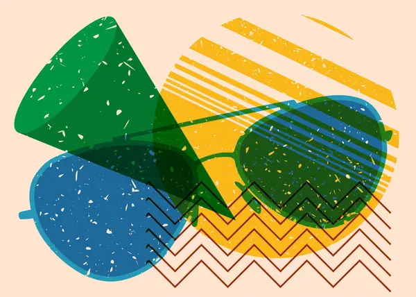 Geometrik şekilli risograph güneş gözlükleri. Geometri elemanları ile modayı gösteren riso grafik desen tasarımı nesneleri.