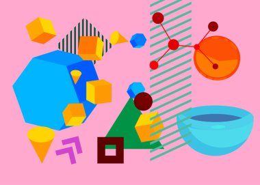 Çok renkli geometrik grafik retro tema kapağı. Minimum geometrik elementler poster tasarımı. Poster pankartı için klasik soyut şekiller şablonu.