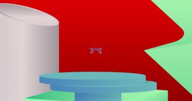 Mavi model ürün animasyon, renkli arka planlı silindir kaide podyumu. Sunum için sahne gösterisi videosu.