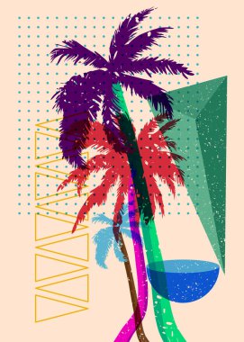 Geometrik şekilli Risograph Palmiye Ağaçları. Geometri elemanları ile modayı gösteren riso grafik desen tasarımı nesneleri.