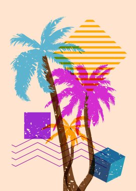 Geometrik şekilli Risograph Palmiye Ağaçları. Geometri elemanları ile modayı gösteren riso grafik desen tasarımı nesneleri.