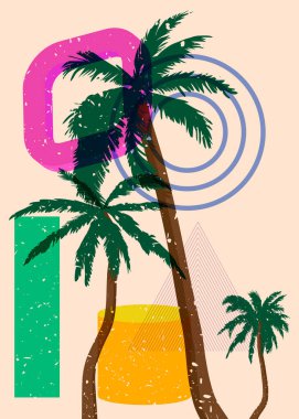 Geometrik şekilli Risograph Palmiye Ağaçları. Geometri elemanları ile modayı gösteren riso grafik desen tasarımı nesneleri.