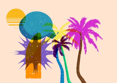 Geometrik şekilli konuşma baloncuklu Risograph Palm Tree. Geometri elemanları ile modayı gösteren riso grafik desen tasarımı nesneleri.