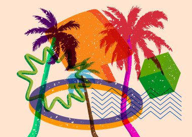 Geometrik şekilli konuşma baloncuklu Risograph Palm Tree. Geometri elemanları ile modayı gösteren riso grafik desen tasarımı nesneleri.