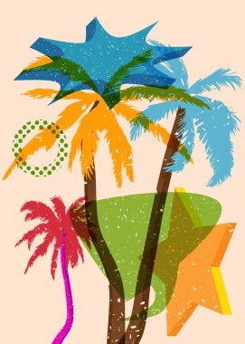 Geometrik şekilli konuşma baloncuklu Risograph Palm Tree. Geometri elemanları ile modayı gösteren riso grafik desen tasarımı nesneleri.