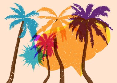 Geometrik şekilli konuşma baloncuklu Risograph Palm Tree. Geometri elemanları ile modayı gösteren riso grafik desen tasarımı nesneleri.