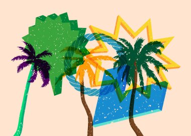 Geometrik şekilli konuşma baloncuklu Risograph Palm Tree. Geometri elemanları ile modayı gösteren riso grafik desen tasarımı nesneleri.