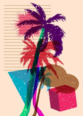 Geometrik şekilli konuşma baloncuklu Risograph Palm Tree. Geometri elemanları ile modayı gösteren riso grafik desen tasarımı nesneleri.
