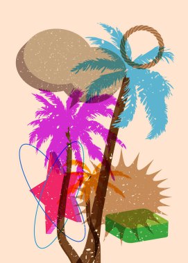 Geometrik şekilli konuşma baloncuklu Risograph Palm Tree. Geometri elemanları ile modayı gösteren riso grafik desen tasarımı nesneleri.