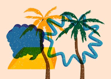 Geometrik şekilli konuşma baloncuklu Risograph Palm Tree. Geometri elemanları ile modayı gösteren riso grafik desen tasarımı nesneleri.