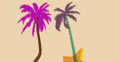 Geometrik şekilli Risograph Palm Trees animasyonu. Moda riso grafik tasarım videosunda nesne taşınıyor.