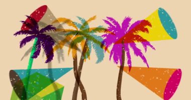 Geometrik şekilli Risograph Palm Trees animasyonu. Moda riso grafik tasarım videosunda nesne taşınıyor.