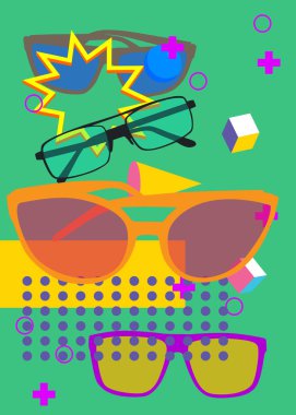 Güneş gözlüğü geometrik grafik retro temalı arka plan. Minimum geometrik elementler. Klasik soyut şekiller vektör illüstrasyonu.