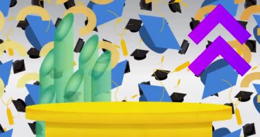 Mezuniyet yüzbaşısı ve harç tahtasıyla model ürün sergisi. Animasyon silindiri kaide podyumu. Sunum için sahne gösterisi videosu. En küçük geometrik biçimlerin taşınması.