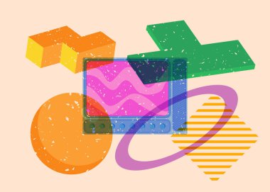 Geometrik şekilli Risograph Televizyonu. Geometri elemanları ile modayı gösteren riso grafik desen tasarımı nesneleri.