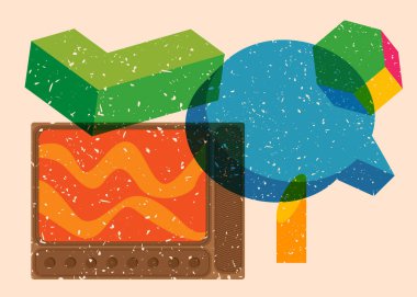 Geometrik şekilli konuşma baloncuklu Risograph Televizyonu. Geometri elemanları ile modayı gösteren riso grafik desen tasarımı nesneleri.