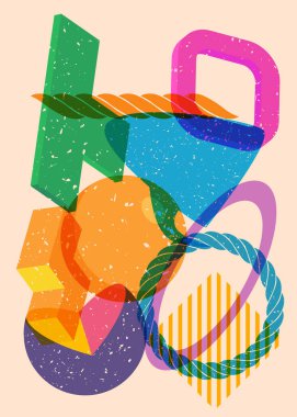 Geometrik şekilli Risograph Konuşma Baloncuğu. Geometri elemanları ile yoğun riso grafik desen tasarımı nesneleri.