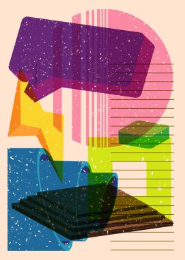 Geometrik şekilli Risograph Konuşma Baloncuğu. Geometri elemanları ile yoğun riso grafik desen tasarımı nesneleri.