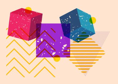 Geometrik şekiller. Moda riso grafik tasarımlı nesne. Geometri ögeleri soyut risograf baskı desen biçimi.