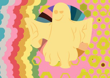 70 'lerin geçmişinde Ghost' la birlikte. Harika bir cadılar bayramı. 1970 'lerin sanat şablonu. Minimalist Vintage tasarım posteri. Eski moda renkli sanat eserleri.