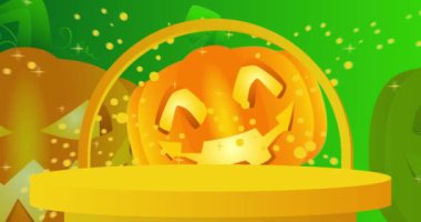 Cadılar Bayramı balkabağı eşliğinde ürün gösterisi. Jack O 'Lantern ile animasyon silindiri kaide podyumu. Sunum için sahne gösterisi videosu. En küçük geometrik biçimlerin taşınması.