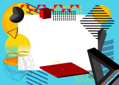 Sarı, Mavi, Siyah ve Kırmızı geometrik grafik temalı arka plan, metin için yer var. Minimum geometrik elementler çerçevesi. Reklam için klasik soyut şekiller vektör illüstrasyonuName.