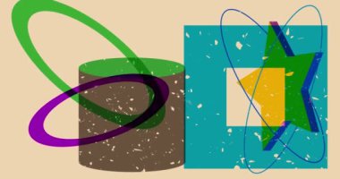Geometrik elementlerle Risograph arka planı, animasyonu şekillendirir. Moda riso grafik tasarımlı nesne. Geometri soyut doku tarzı video.