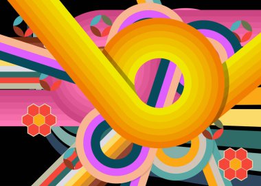 Geçmişe dönük 70 'lerin işlek hatları. Harika 1970 'lerin soyut sanat şablonu. Minimalist çizgili tasarım posteri. Eski moda gökkuşağı renkli sanat eserleri.