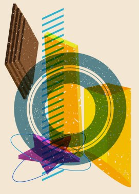 Moda riso grafik tasarımlı nesne. Renkli geometrik şekiller. Geometri ögeleri soyut risograf baskı desen biçimi.