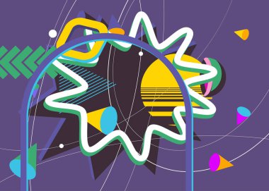 Minimum geometrik elementler poster tasarımı. Çok renkli geometrik grafik retro tema kapağı. Poster pankartı için klasik soyut şekiller şablonu.