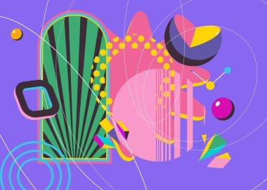 Minimum geometrik elementler poster tasarımı. Çok renkli geometrik grafik retro tema kapağı. Poster pankartı için klasik soyut şekiller şablonu.