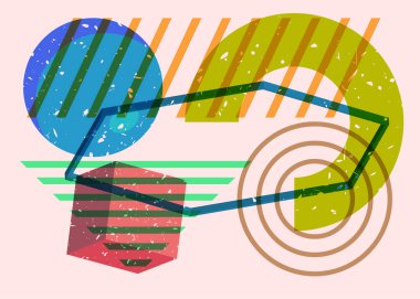 Moda riso grafik tasarımında sanatsal nesne. Renkli geometrik şekiller. Geometri ögeleri soyut risograf baskı desen biçimi.