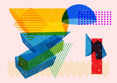 Moda riso grafik tasarımında sanatsal nesne. Renkli geometrik şekiller. Geometri ögeleri soyut risograf baskı desen biçimi.