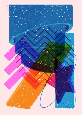 Moda riso grafik tasarımında sanatsal nesne. Renkli geometrik şekiller. Geometri ögeleri soyut risograf baskı desen biçimi.