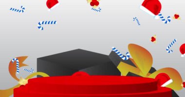 Noel Baba şapkası ve hediye kutusuyla sunum. Noel animasyon silindiri kaide podyumu. Sunum için sahne gösterisi videosu. En küçük geometrik biçimlerin taşınması.