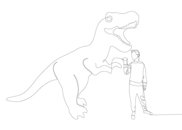 One continuous line of Man pointing with finger at Dinosaur. Thin Line Illustration vector concept. Contour Drawing Creative ideas.