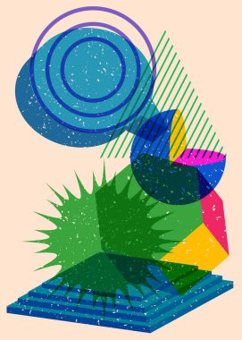 Geometrik şekilli Risograph konuşma balonu. Geometri elemanları ile modayı gösteren riso grafik desen tasarımı nesneleri.