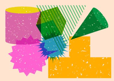 Geometrik şekilli Risograph konuşma balonu. Geometri elemanları ile modayı gösteren riso grafik desen tasarımı nesneleri.