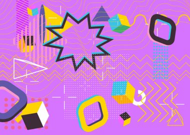 Yoğun geometrik elementler poster tasarımı. Çok renkli geometrik grafik retro tema kapağı. Poster pankartı için klasik soyut şekiller şablonu.