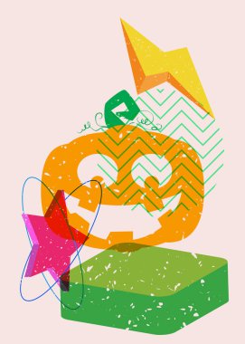 Geometrik şekilli Cadılar Bayramı balkabağı risografisi. Jack O 'Lantern ve modayı takip eden riso grafik desen tasarımlı geometri elemanları.