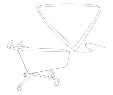 Alışveriş arabasıyla aralıksız bir konuşma cümlesi. İnce Çizgi Çizimi Vektör Konsepti. Contour Yaratıcı Fikirler Çiziyor.