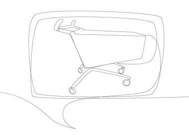 Alışveriş arabasıyla aralıksız bir konuşma cümlesi. İnce Çizgi Çizimi Vektör Konsepti. Contour Yaratıcı Fikirler Çiziyor.