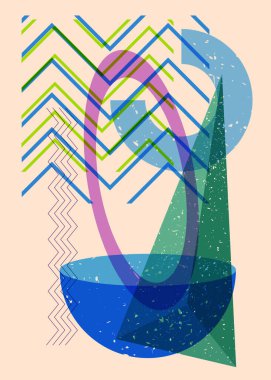 Moda riso grafik tasarımında sanatsal nesne. Renkli geometrik şekiller. Geometri ögeleri soyut risograf baskı desen biçimi.