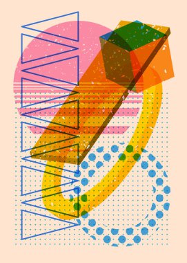 Moda riso grafik tasarımında sanatsal nesne. Renkli geometrik şekiller. Geometri ögeleri soyut risograf baskı desen biçimi.