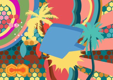 Retro 70 'ler, palmiye ağacı ve konuşma balonu. Havalı Turist Resort 1970 'lerin sanat şablonu. Minimalist Vintage tasarım posteri. Eski moda renkli sanat eserleri.