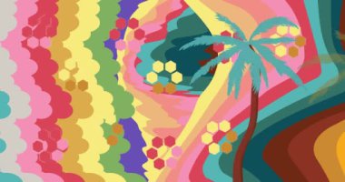 Retro 70 'lerin arka plan animasyonu. Konuşma köpüklü Palm Tree ile. Harika Tropikal 1970 'lerin sanat videosu. Minimalist Vintage tasarımı, eski moda renk çizimi.