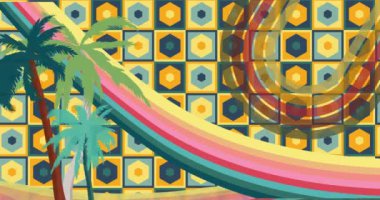 Retro 70 'lerin arka plan animasyonu. Konuşma köpüklü Palm Tree ile. Harika Tropikal 1970 'lerin sanat videosu. Minimalist Vintage tasarımı, eski moda renk çizimi.