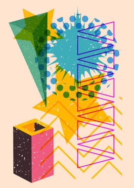 Renkli geometrik şekiller. Moda riso grafik tasarımlı nesne. Geometri ögeleri soyut risograf baskı desen biçimi.